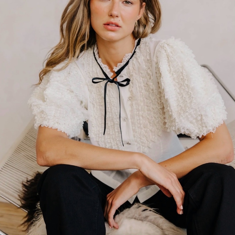 Love the Label Oceane Top Ivory Lace Puff Sleeve Bow Blouse